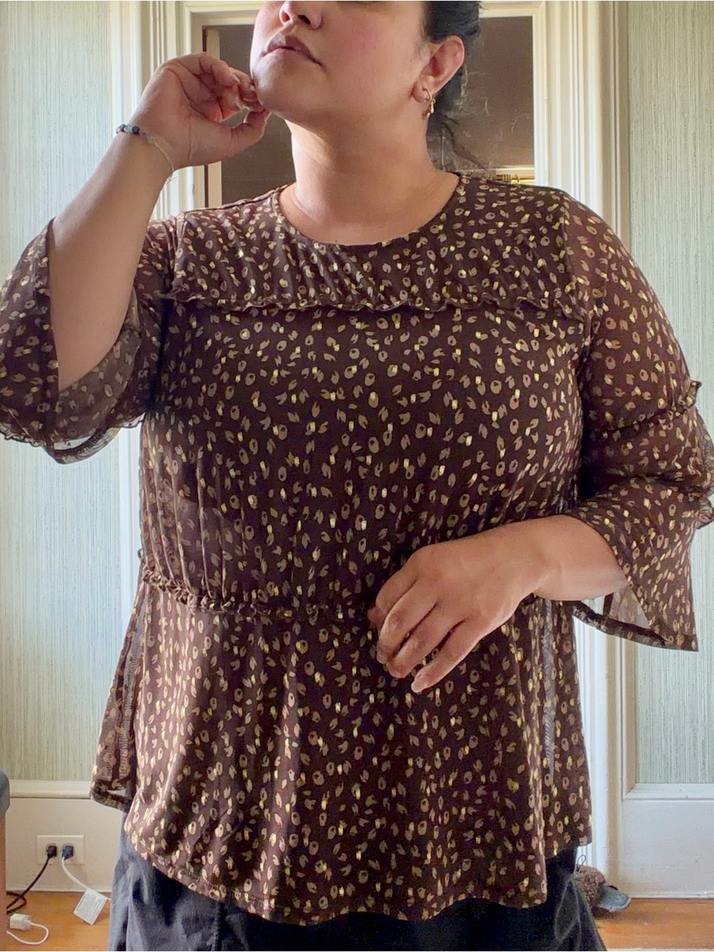 Kim Rogers Brown Printed Ruffle Yoke Top